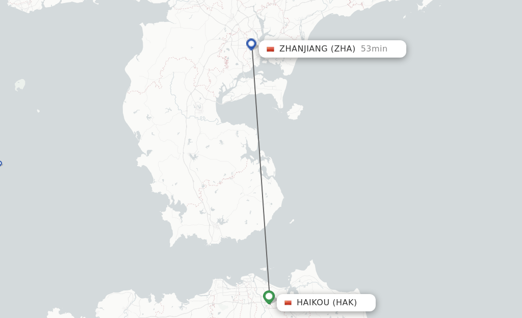 Flights from Haikou to Zhanjiang route map