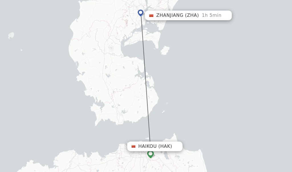 Flights from Haikou to Zhanjiang route map