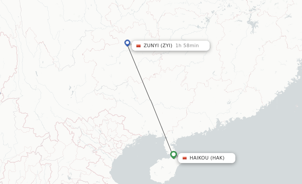 Flights from Haikou to Zunyi route map