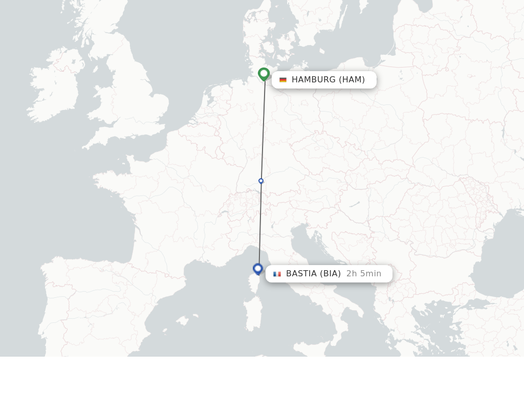 Flights from Hamburg to Bastia route map