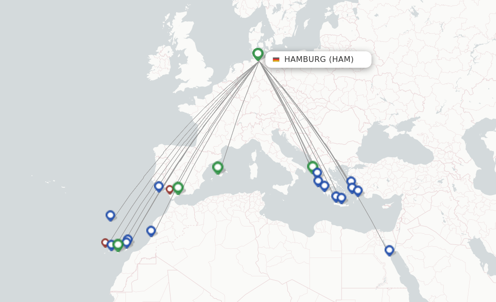 Route map with flights from Hamburg with Condor