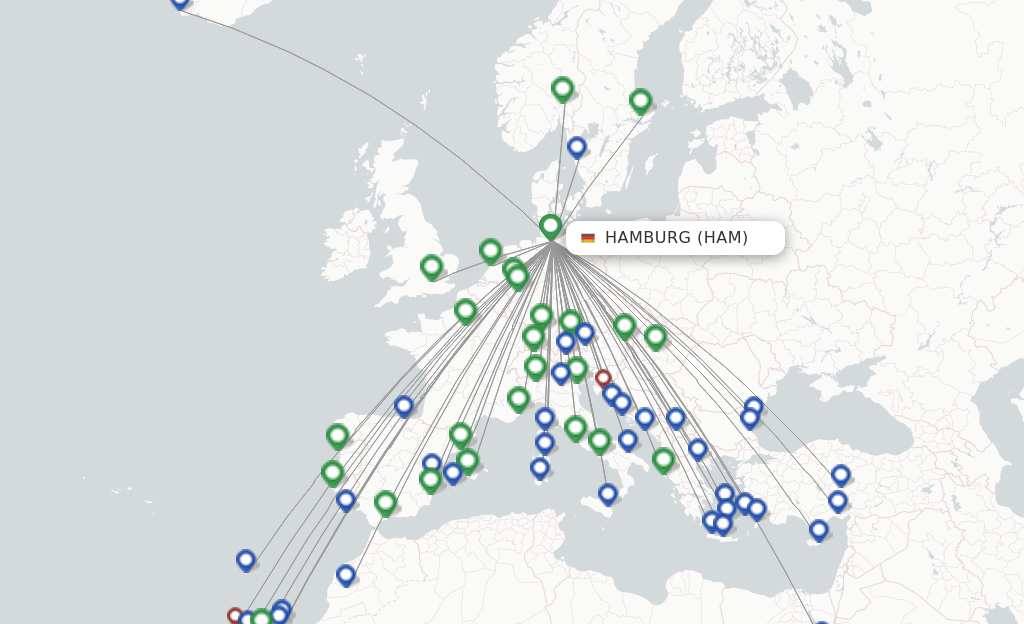Route map with flights from Hamburg with Eurowings