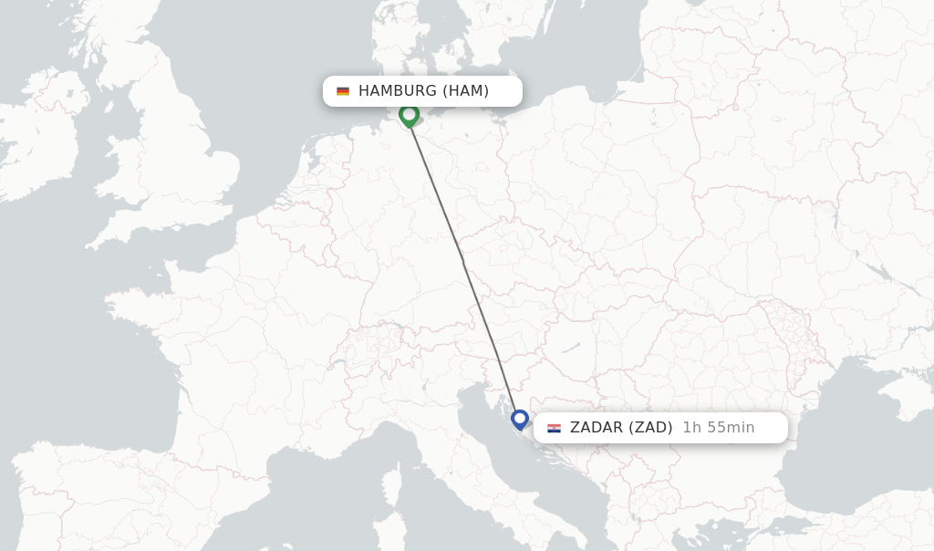 Flights from Hamburg to Zadar route map