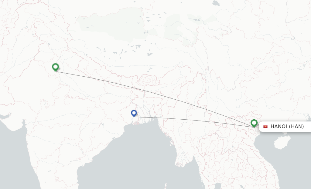 Route map with flights from Hanoi with IndiGo