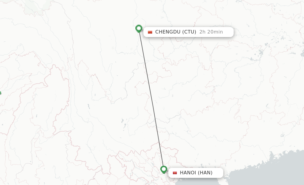 Flights from Hanoi to Chengdu route map