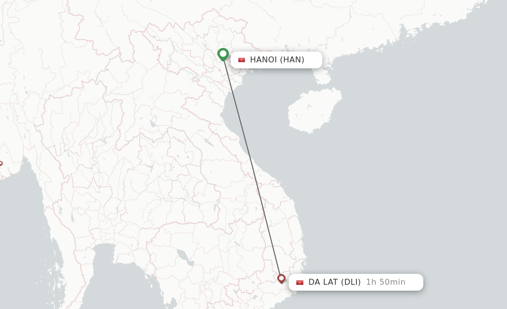 Flights from Hanoi to Dalat route map