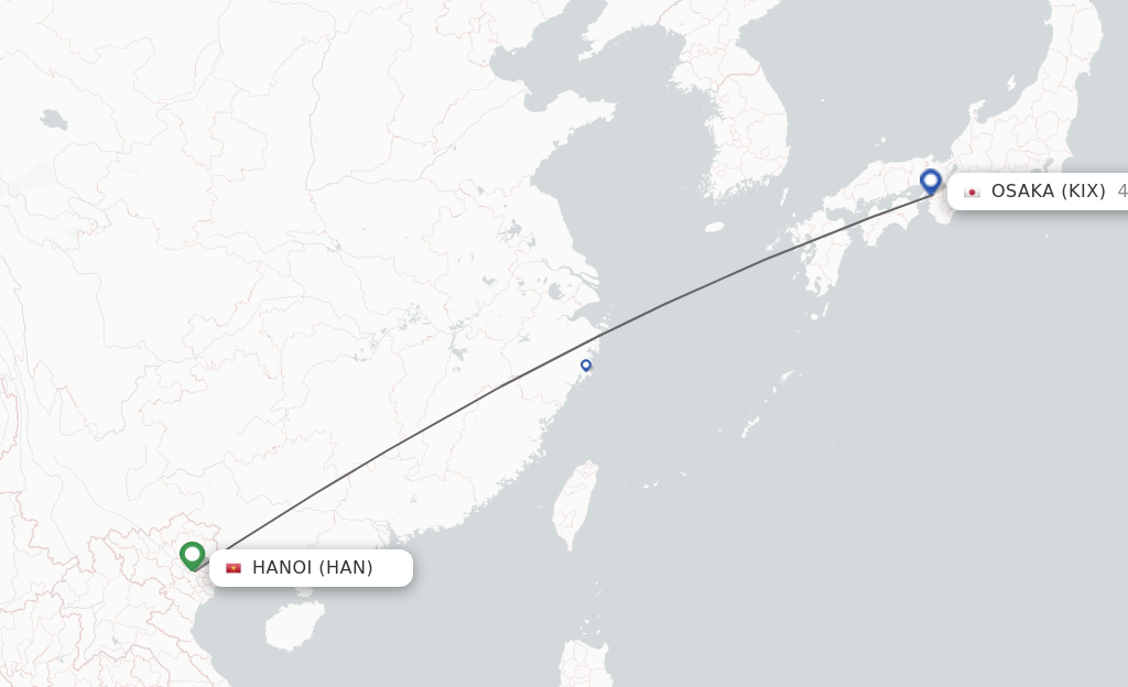 Flights from Hanoi to Osaka route map