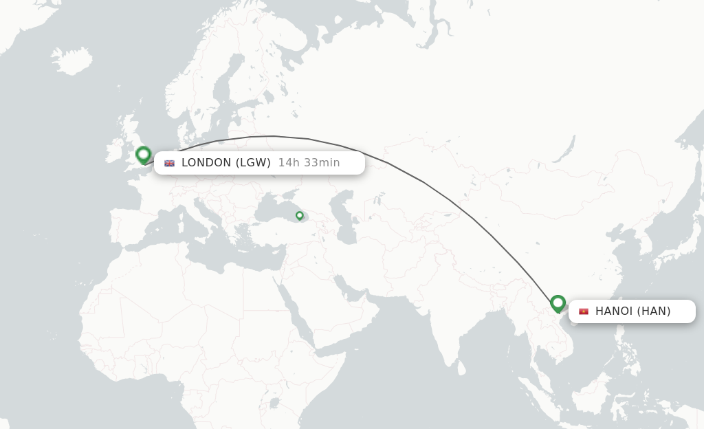 Flights from Hanoi to London route map