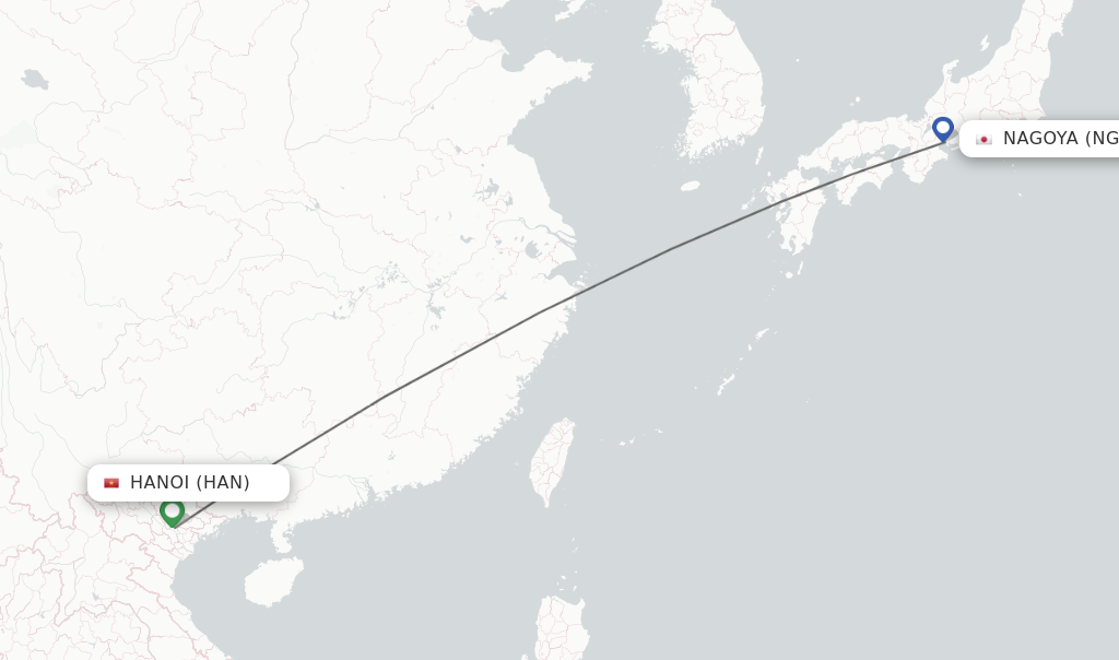 Flights from Hanoi to Nagoya route map