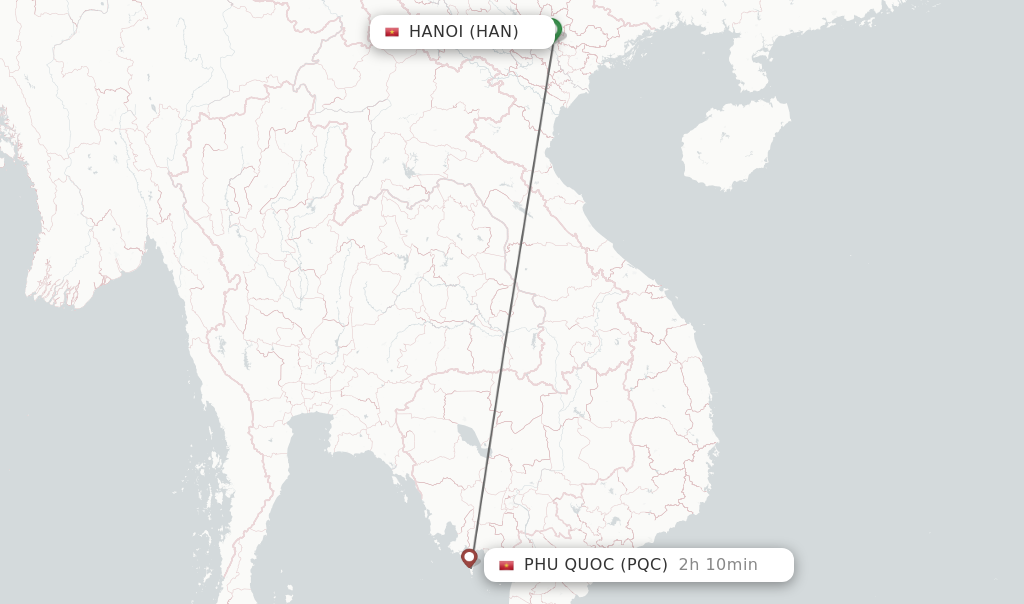 Flights from Hanoi to Phu Quoc route map