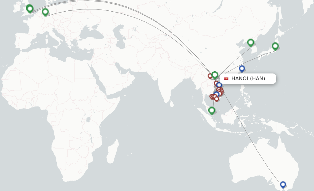 Route map with flights from Hanoi with Bamboo Airways