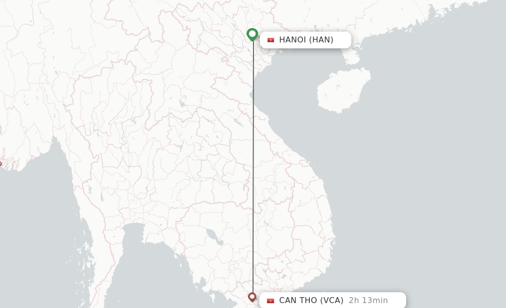 Flights from Hanoi to Can Tho route map