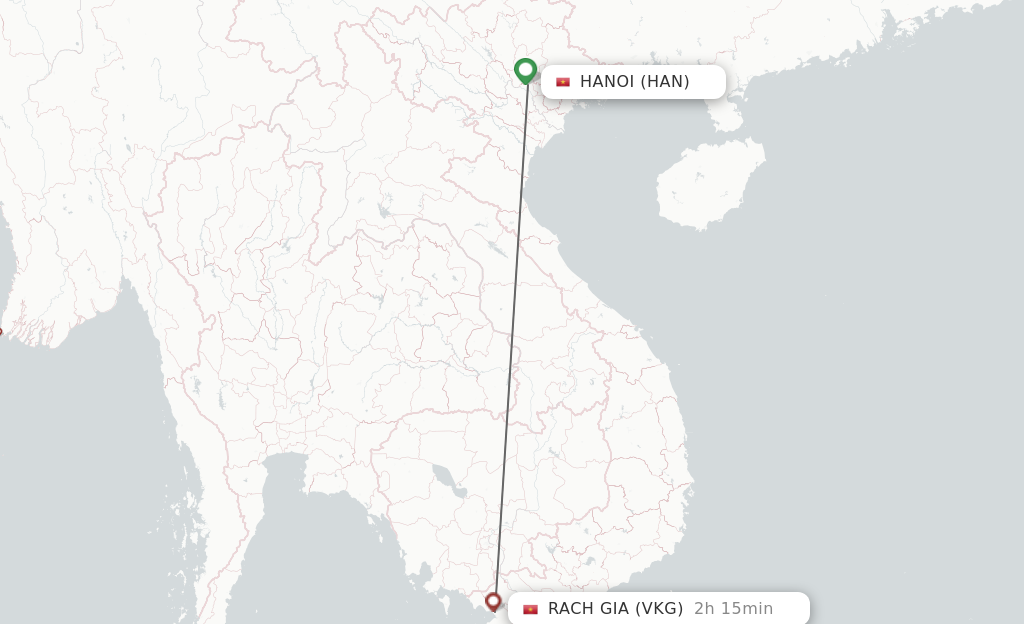Flights from Hanoi to Rach Gia route map