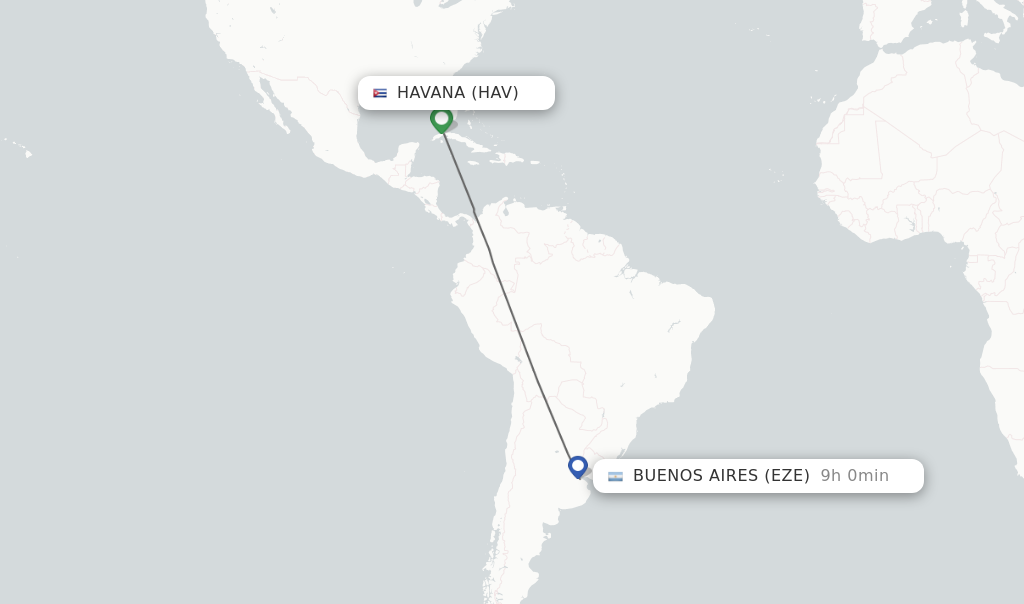 Flights from Havana to Buenos Aires route map
