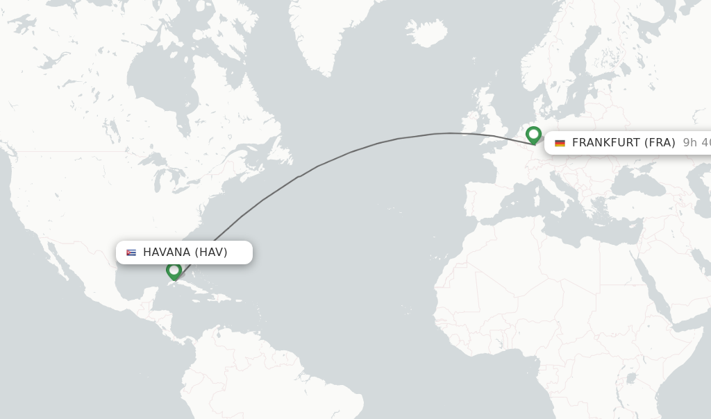 Flights from Havana to Frankfurt route map