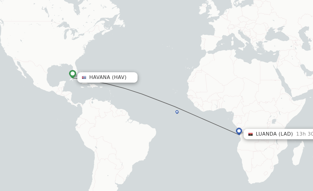 Flights from Havana to Luanda route map