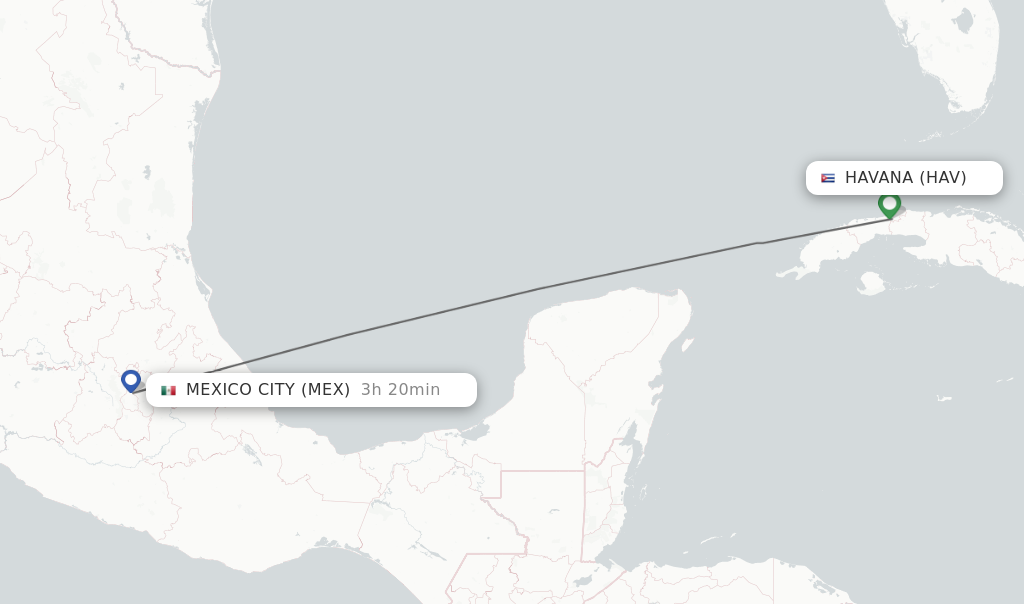 Flights from Havana to Mexico City route map