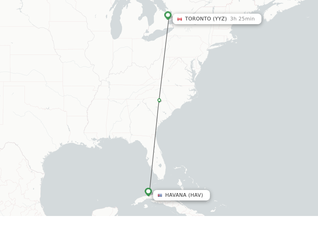 Flights from Havana to Toronto route map