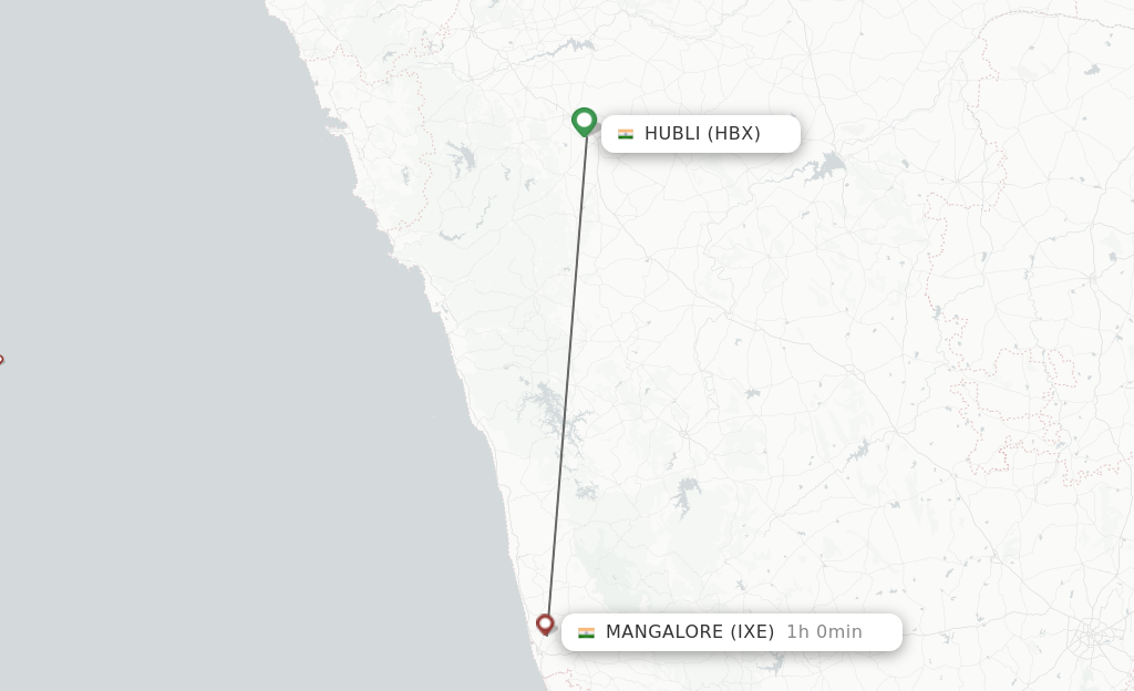 Flights from Hubli to Mangalore route map
