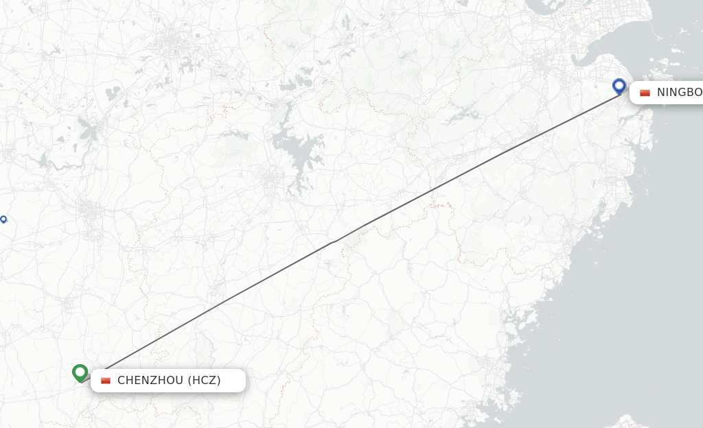 Flights from Chenzhou to Ningbo route map
