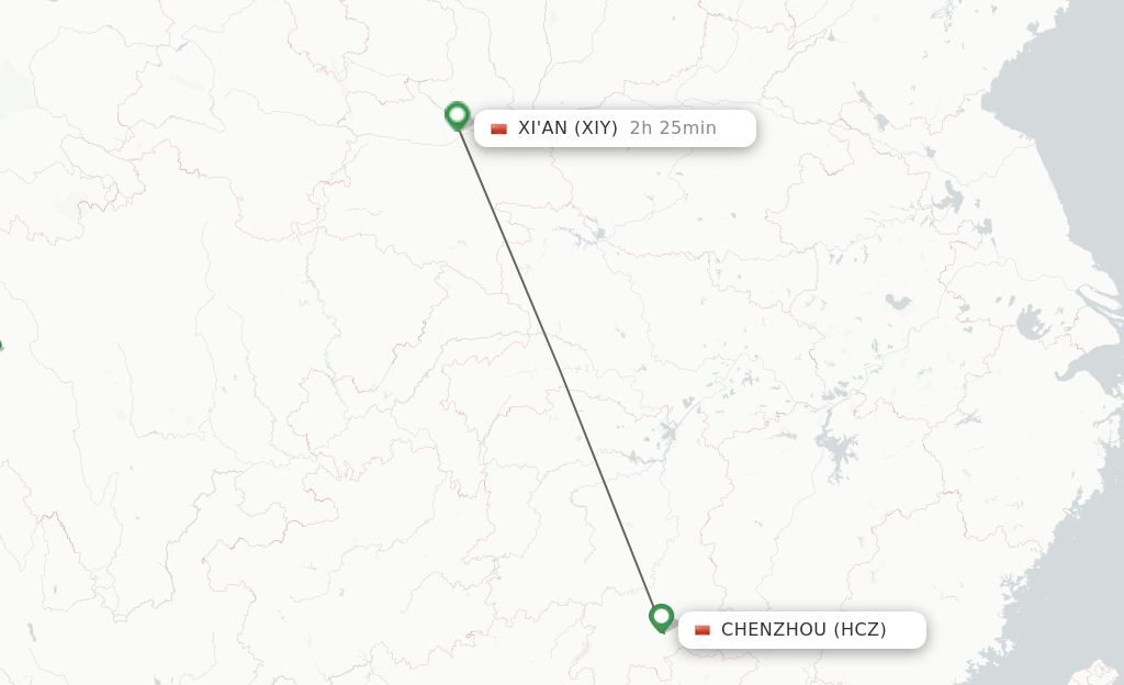 Flights from Chenzhou to Xian route map