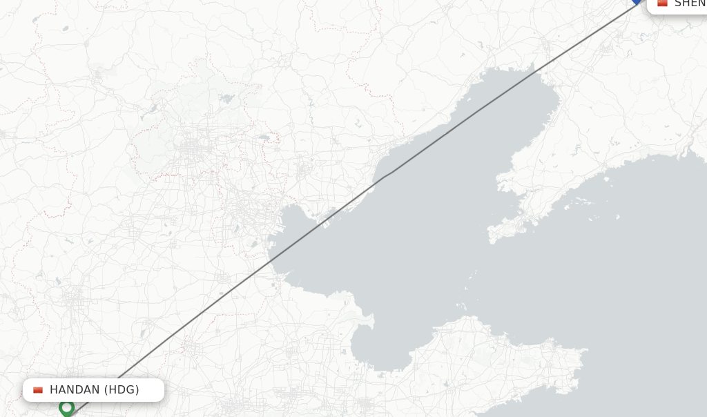 Flights from Handan to Shenyang route map