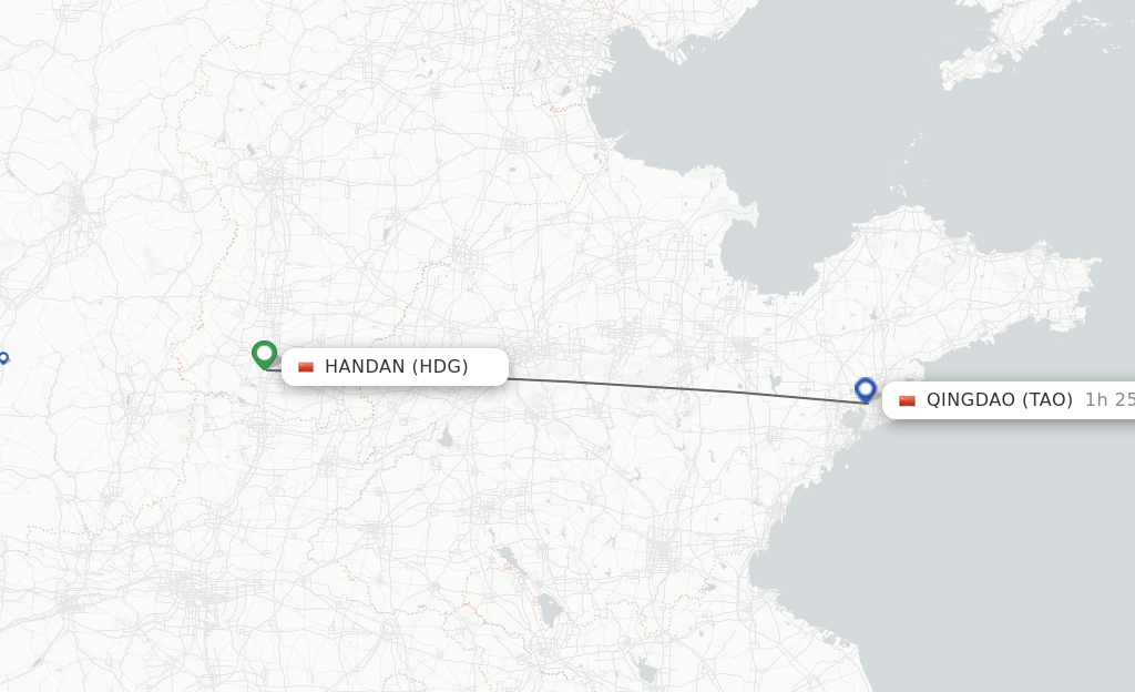 Flights from Handan to Qingdao route map
