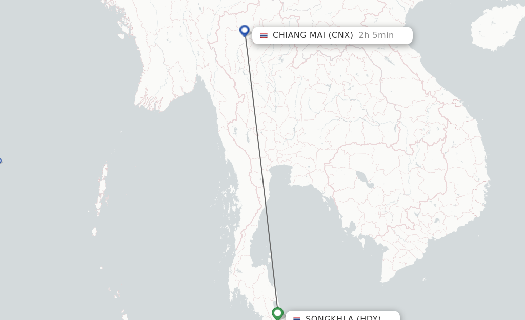 Flights from Hat Yai to Chiang Mai route map