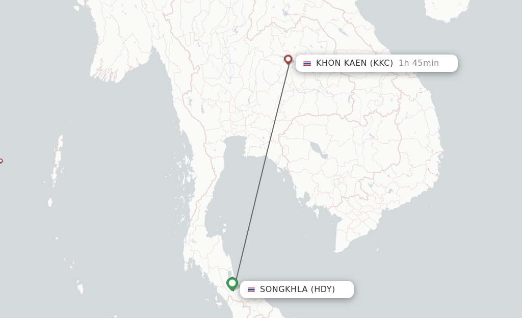 Flights from Songkhla to Khon Kaen route map