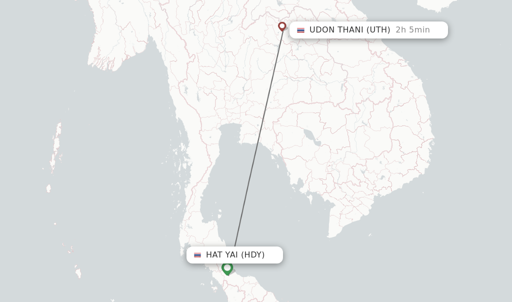 Flights from Hat Yai to Udon Thani route map