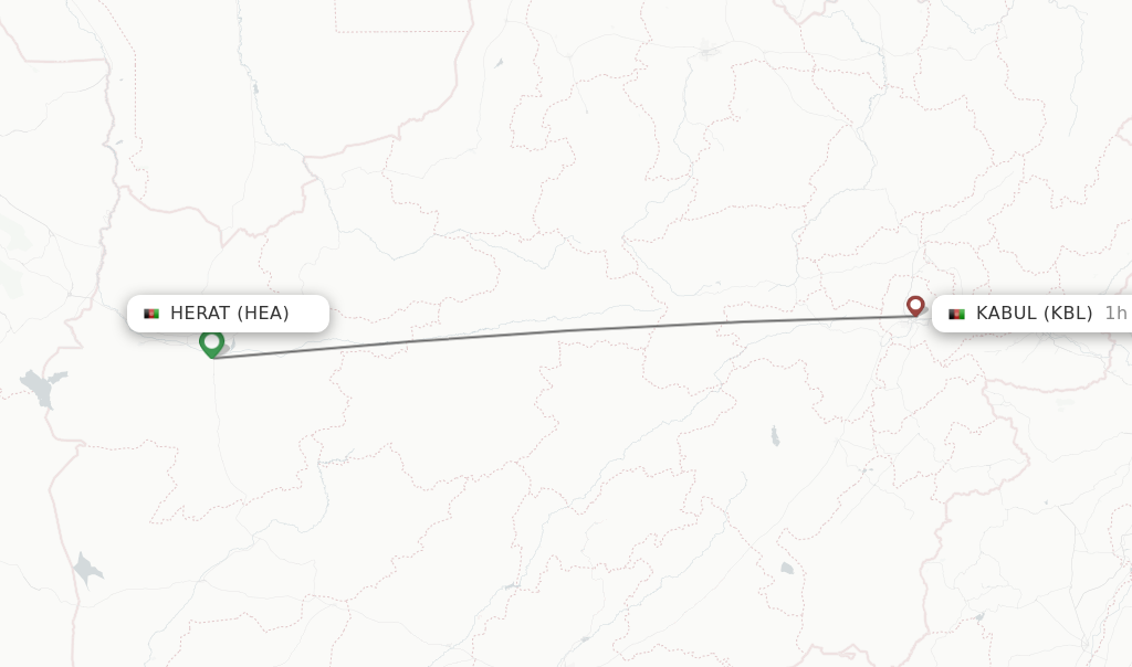 Flights from Herat to Kabul route map