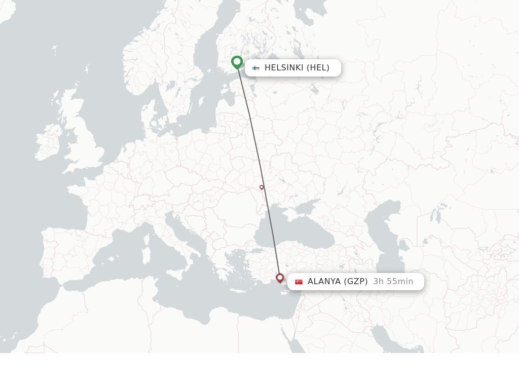 Flights from Helsinki to Gazipasa route map