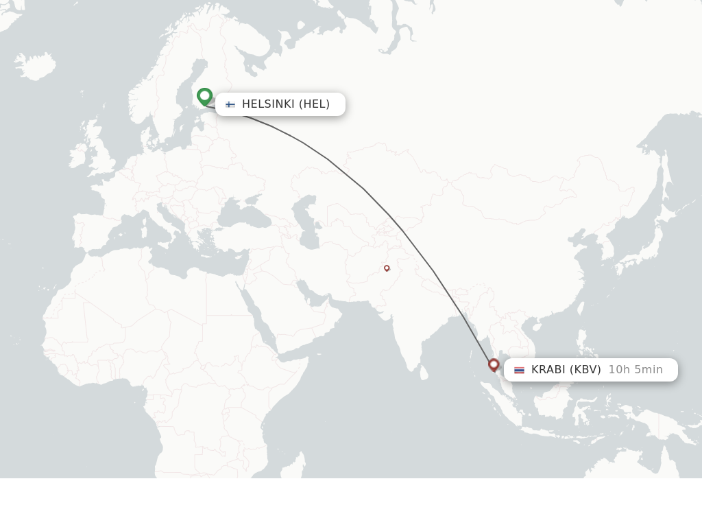 Flights from Helsinki to Krabi route map