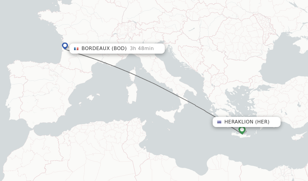 Flights from Heraklion to Bordeaux route map
