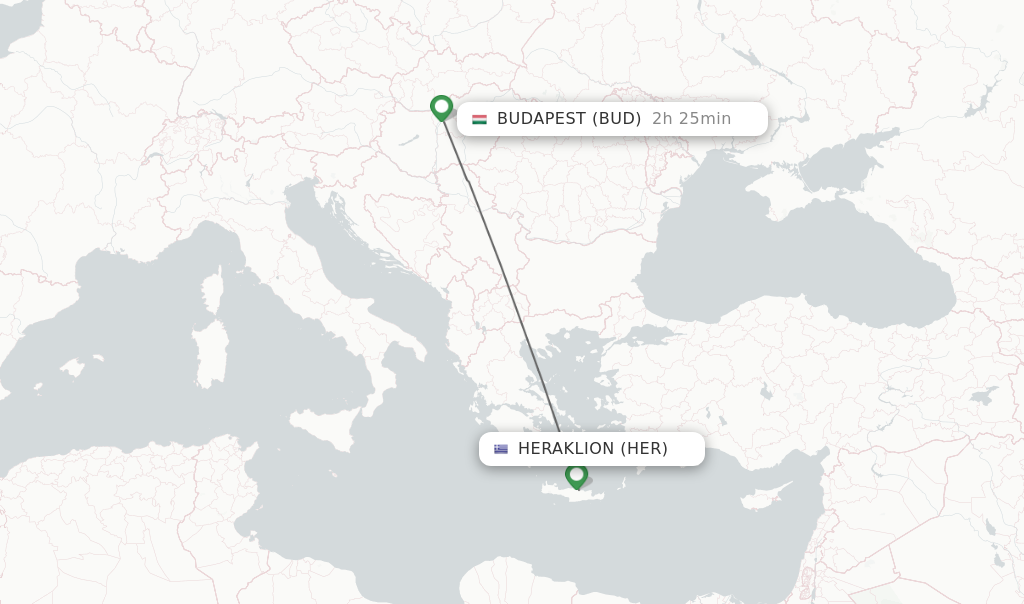 Flights from Heraklion to Budapest route map