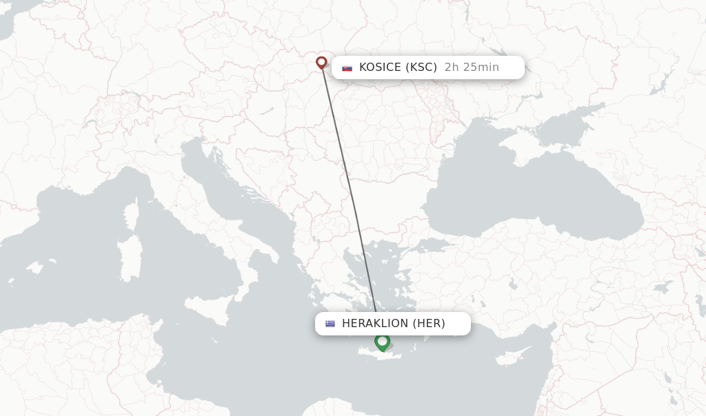 Flights from Heraklion to Kosice route map
