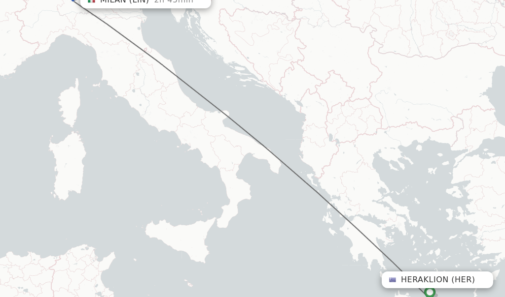 Flights from Heraklion to Milan route map