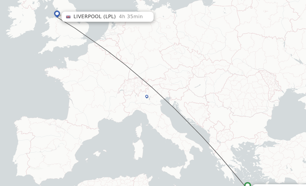 Flights from Heraklion to Liverpool route map
