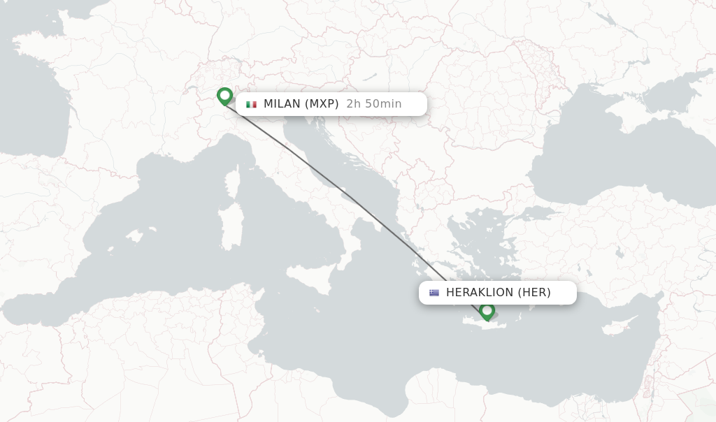 Flights from Heraklion to Milan route map