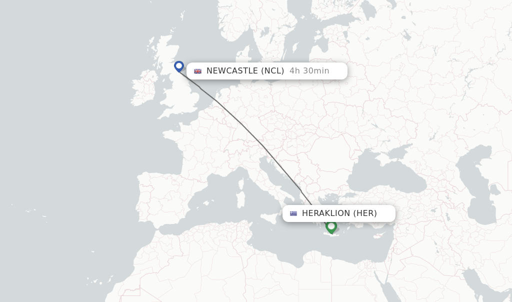 Flights from Heraklion to Newcastle route map