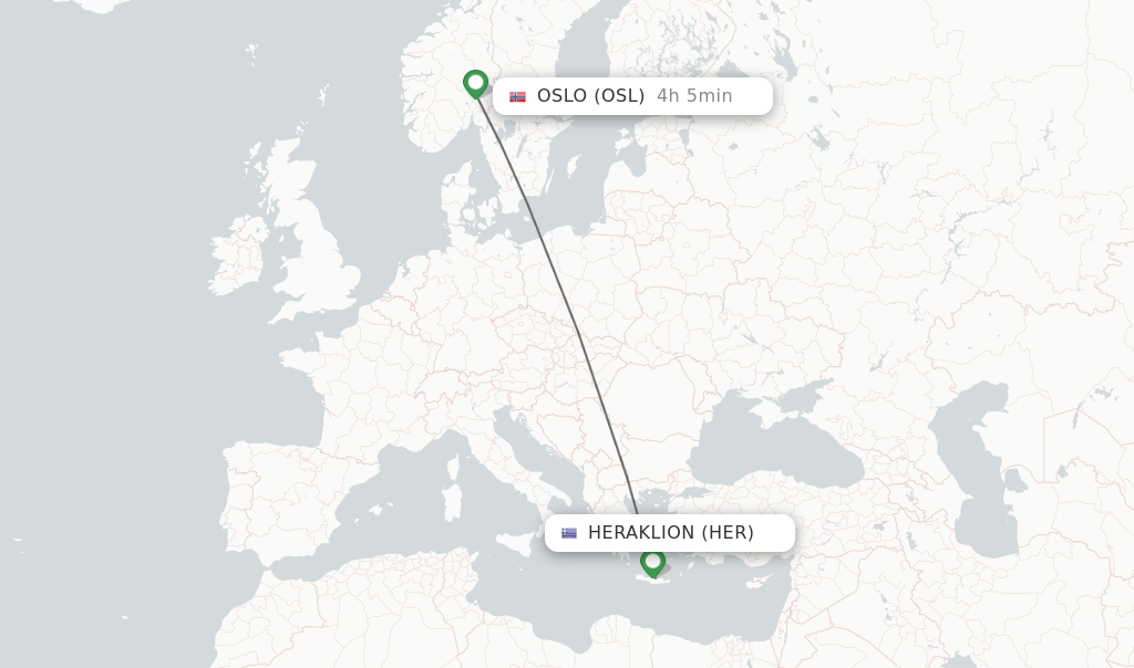 Flights from Heraklion to Oslo route map