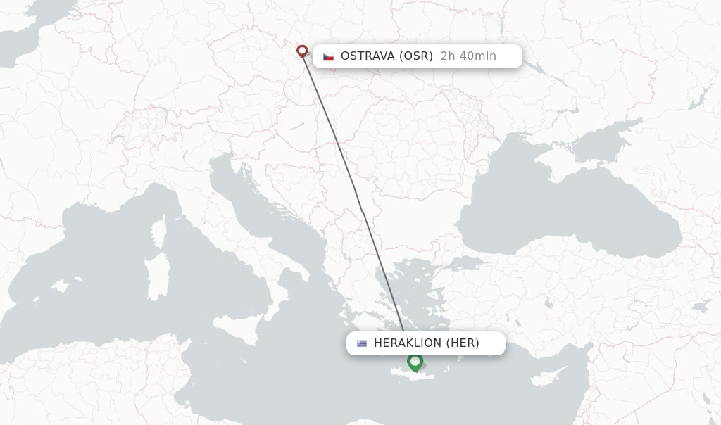 Flights from Heraklion to Ostrava route map