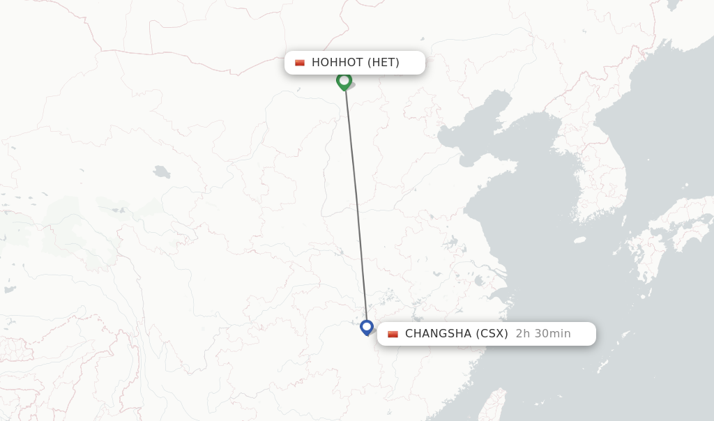 Flights from Hohhot to Changsha route map