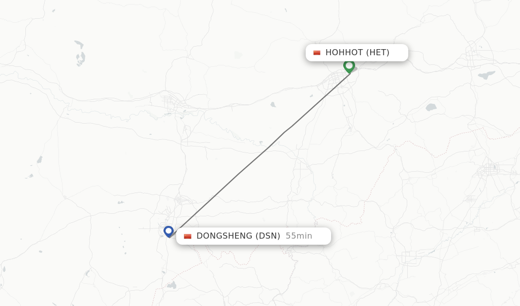 Flights from Hohhot to Dongsheng route map