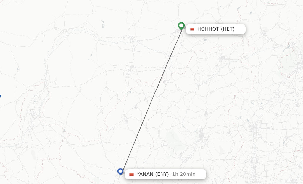 Flights from Hohhot to Yan'an route map