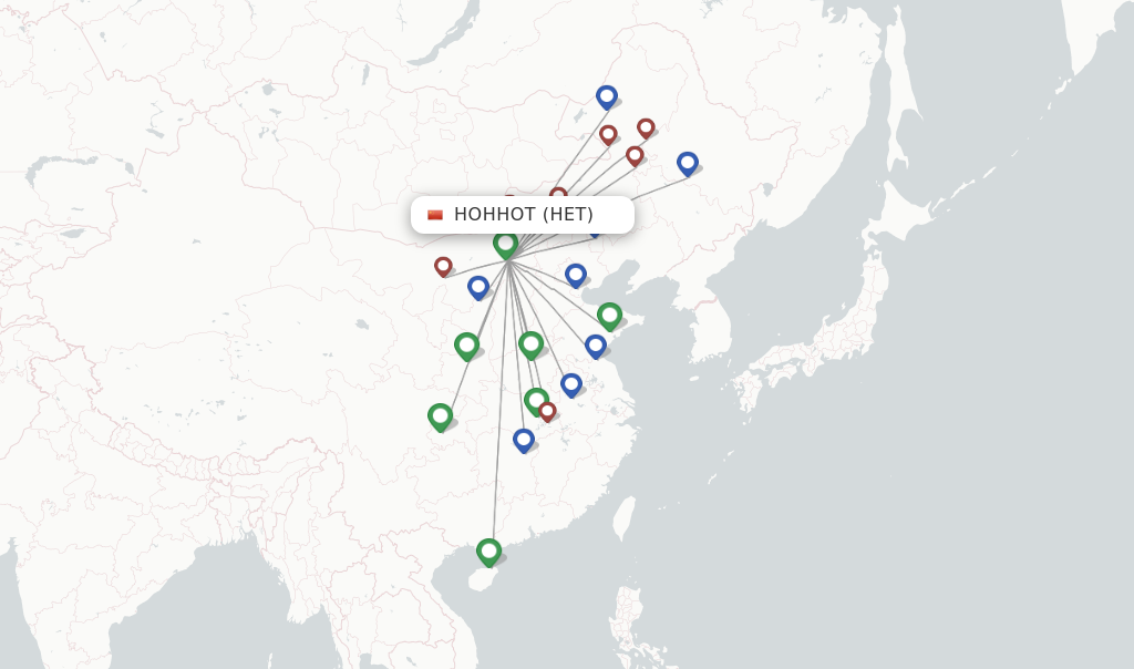 Route map with flights from Hohhot with Tianjin Airlines