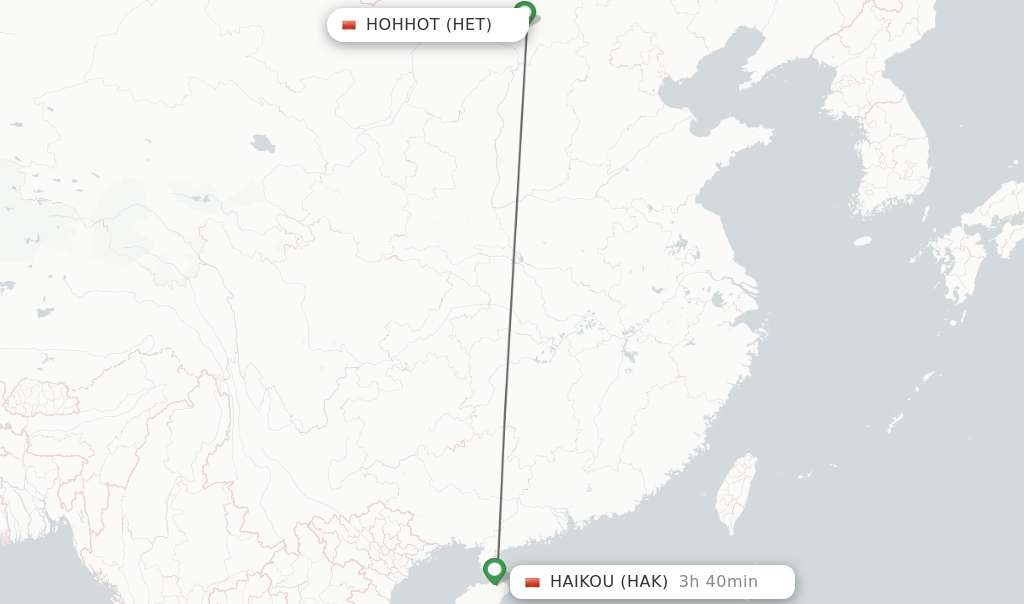 Flights from Hohhot to Haikou route map
