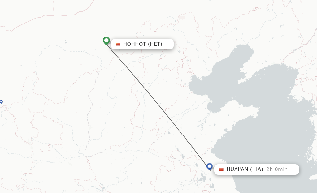 Flights from Hohhot to Huai'an route map