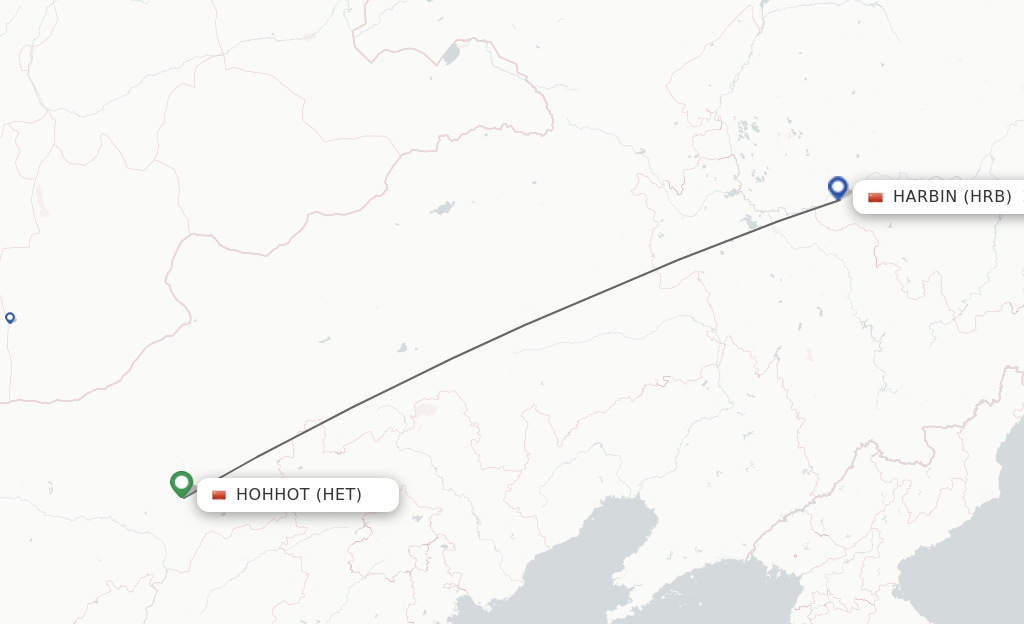 Flights from Hohhot to Harbin route map
