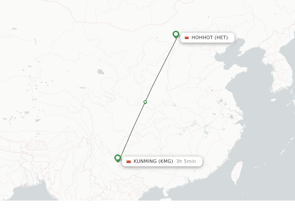 Flights from Hohhot to Kunming route map